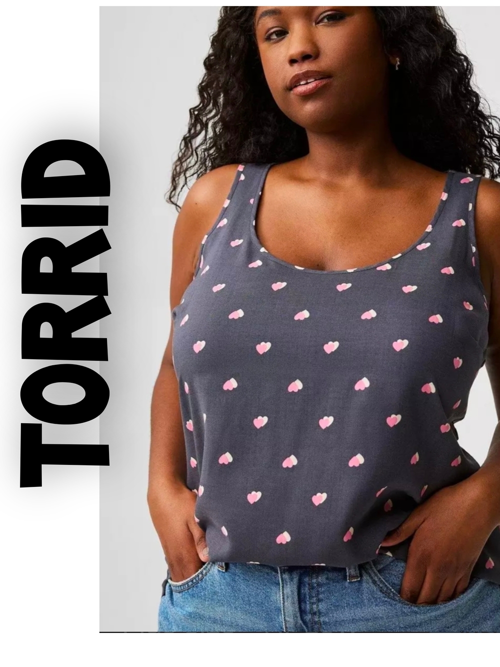 torrid Charcoal Scoop Tank with Pink Heart Print Size 2